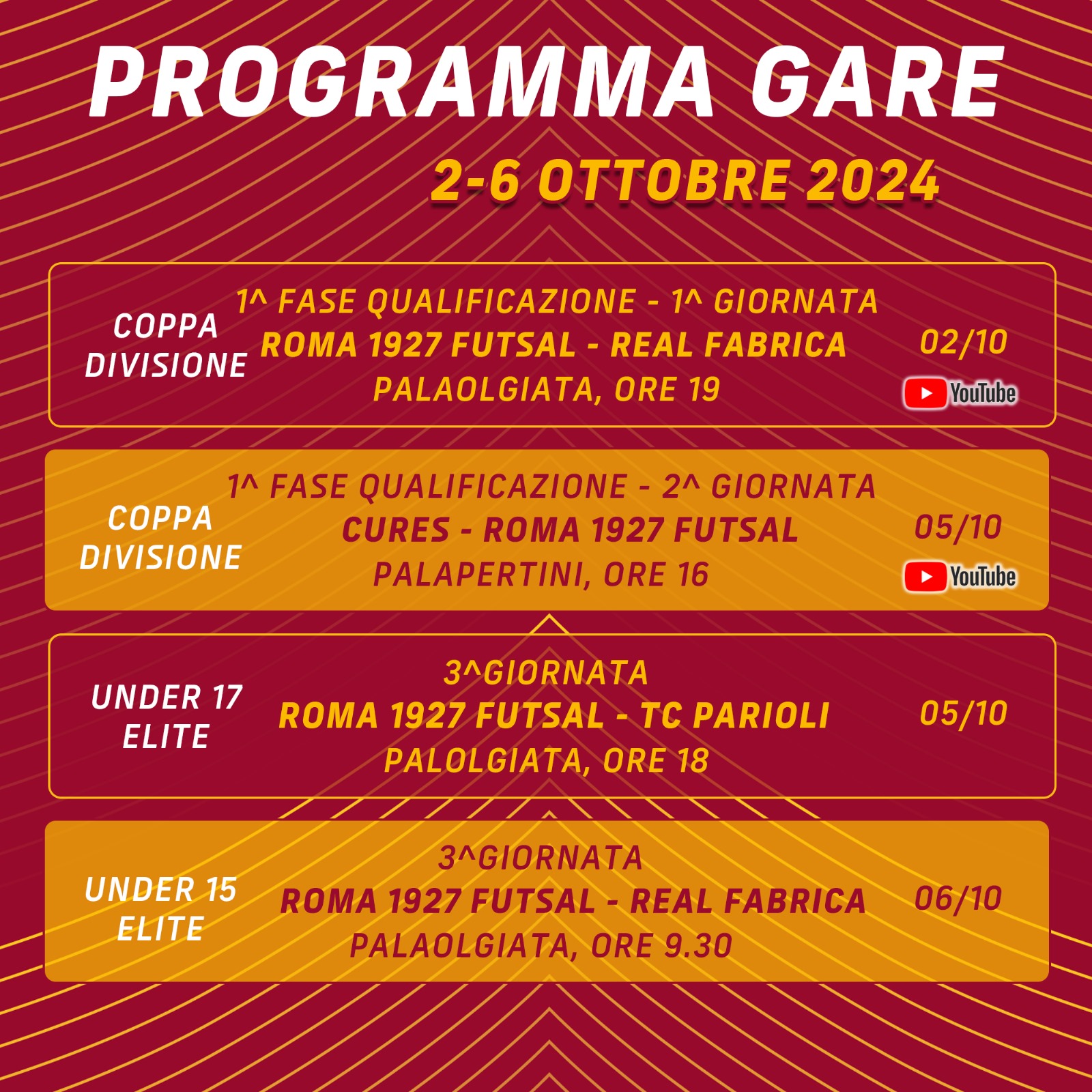 Programma gare 2/6 ottobre 2024